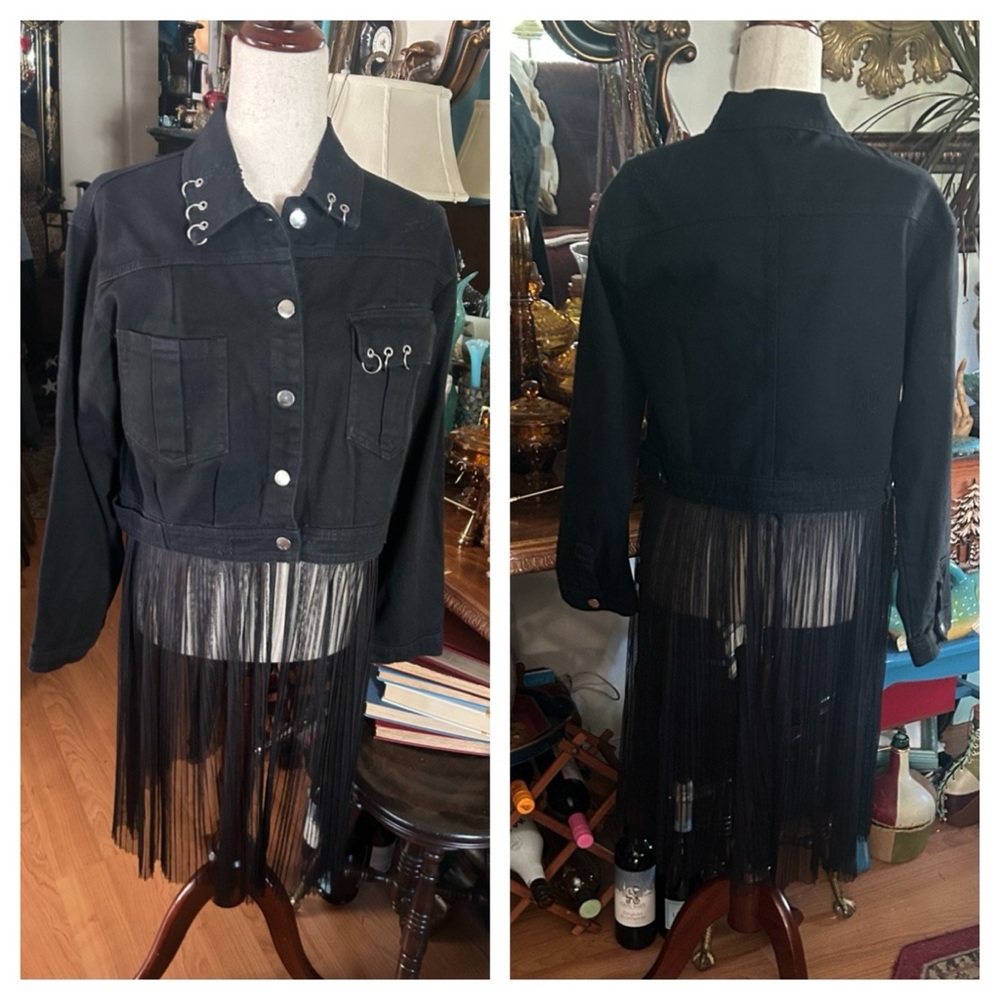 Pierced Black Denim Jacket w Detachable Sheer Tulle Panel - Picture 11 of 16